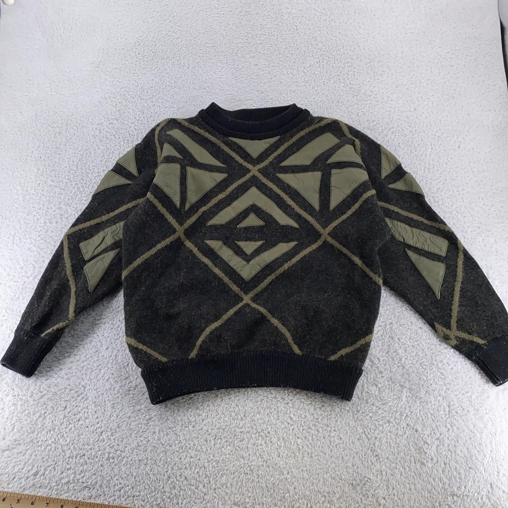 Vintage Torras Sweater Mens Large Black‎ Green Wool Leather Patchwork Spain 90s